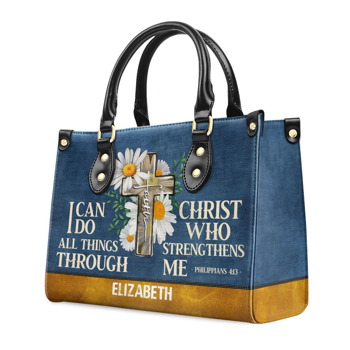 Personalized Christian Leather Handbag, I Can Do All Things Through Christ Philippians 4:13 Purse with Cross & Daisies, Gift for Women BLAF34